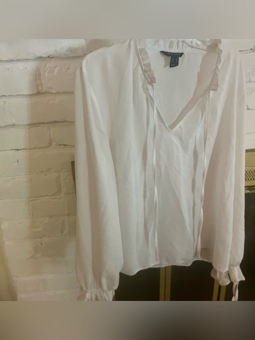 NEW LOOK White Ruffle Tie Neck Peasant Blouse Size UK14/US10